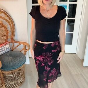 Caribou Black Pink Floral Skirt Small Made in USA Stretch Y2K